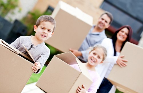 Packed boxes and furniture prepared for temporary storage in Ratcliff